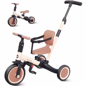 newyoo Toddler Tricycle with Push Handle for Kids 1-3 Years, 5 in 1 Model Kids Balance Bike with Backrest and Seat Belt, Khaki, TR007